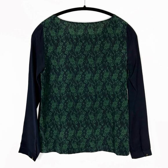 Club Monaco Pure Silk Boxy Floral Green Navy Long Sleeve Top Size XS ($119 MSRP) - Picture 2 of 4